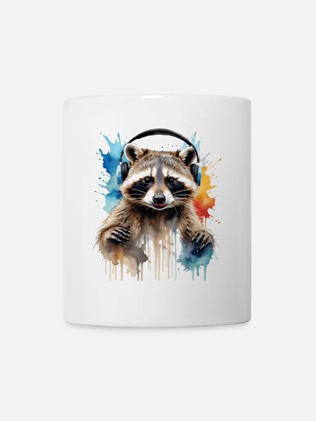 Waschbär Kopfhörer Musik Bunt Tier Design Print - Tasse - Weiß
