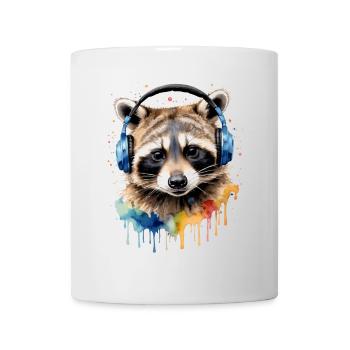 Waschbär Kopfhörer Musik Bunt Tier Design Print - Tasse - Weiß - Vorne