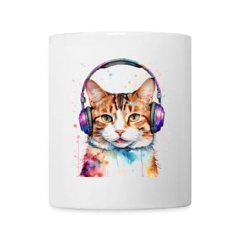 Katze Kopfhörer Bunt Lustig Tier Design Print - Tasse - Weiß - Vorne