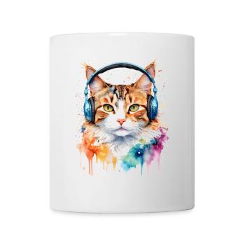 Katze Kopfhörer Bunt Lustig Tier Design Print - Tasse - Weiß - Vorne