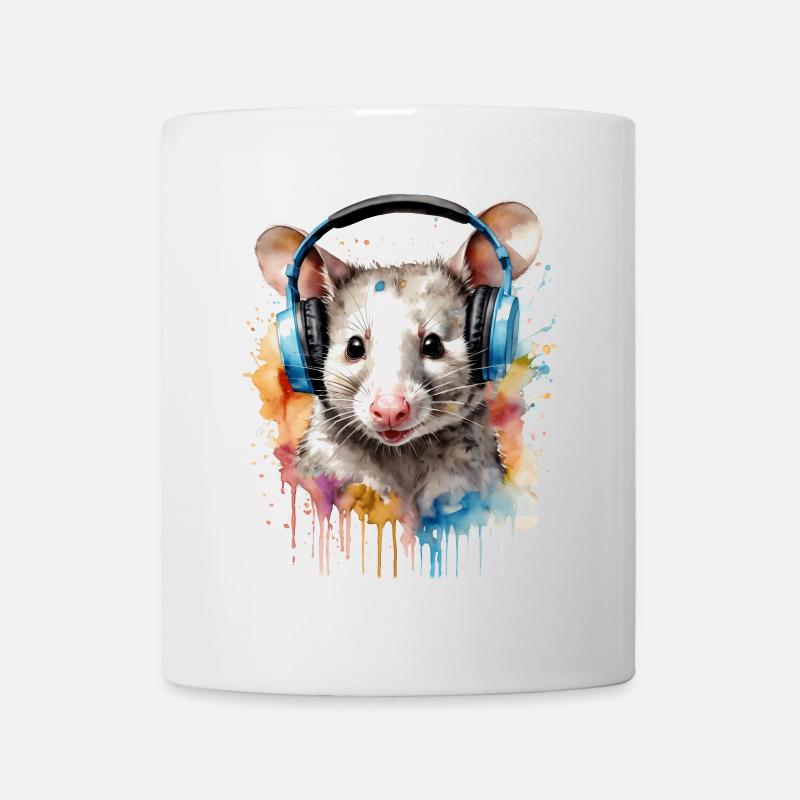 Opossum Kopfhörer Bunt Tier Design Print - Tasse - Weiß