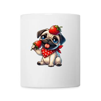 Skurriler Hund Mops mit Erdbeere auf Kopf Fruchtig - Tasse - Weiß - Vorne