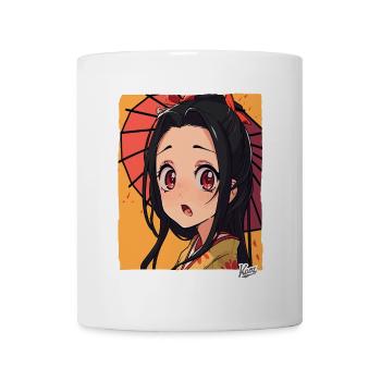 Cartoon girl in kimono with umbrella - Mug - white - Front
