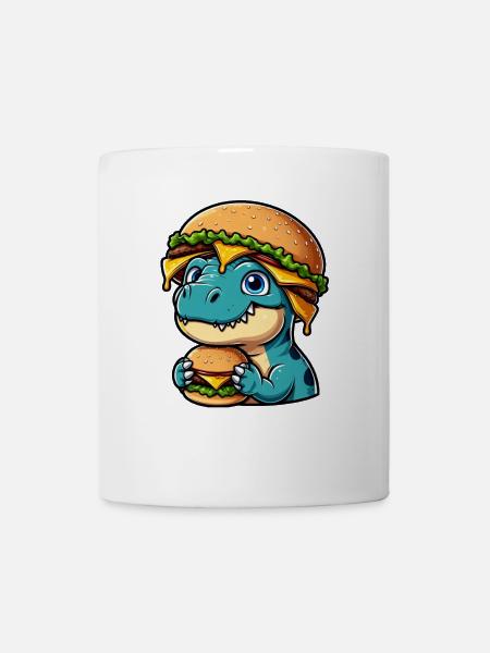 Zufriedener Dino T-Rex mit Hamburger Cheeseburger - Tasse - Weiß