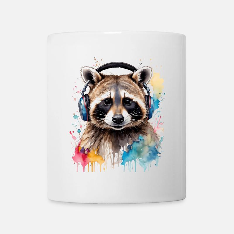 Waschbär Kopfhörer Musik Bunt Tier Design Print - Tasse - Weiß