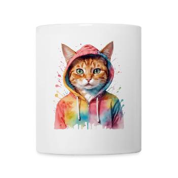 Katze Hoodie Bunt Lustig Tier Design Print - Tasse - Weiß - Vorne