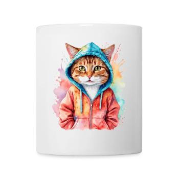 Katze Hoodie Bunt Lustig Tier Design Print - Tasse - Weiß - Vorne