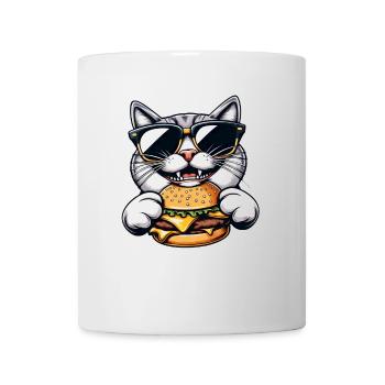 Cool cat nerd eating hamburger cheeseburger - Mug - white - Front