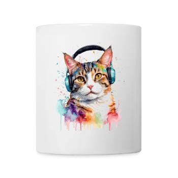 Katze Kopfhörer Bunt Lustig Tier Design Print - Tasse - Weiß - Vorne