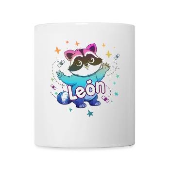 LEÓN - Schöner Jungen Name mit süßem Waschbär - Tasse - Weiß - Vorne