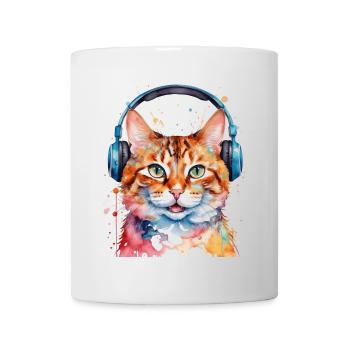 Katze Kopfhörer Bunt Lustig Tier Design Print - Tasse - Weiß - Vorne