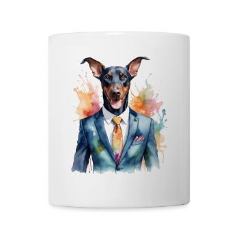 Dobermann Anzug Hund Bunt Lustig Tier Design Print - Tasse - Weiß - Vorne