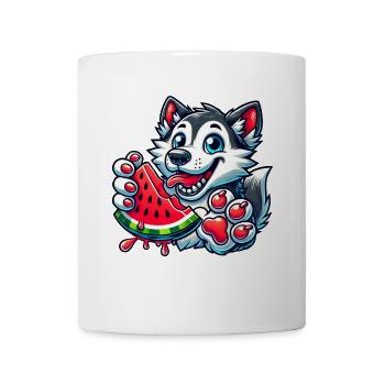 Cooler Husky Hund im Sommer mit Wassermelone Comic - Tasse - Weiß - Vorne