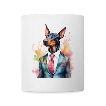 Dobermann Anzug Hund Bunt Lustig Tier Design Print - Tasse - Weiß - Vorne