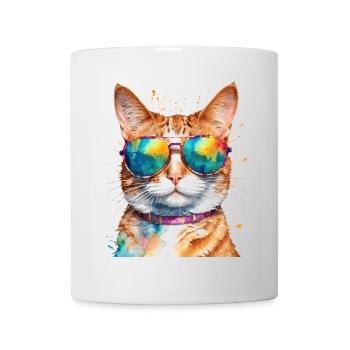 Katze Sonnenbrille Bunt Lustig Tier Design Print - Tasse - Weiß - Vorne