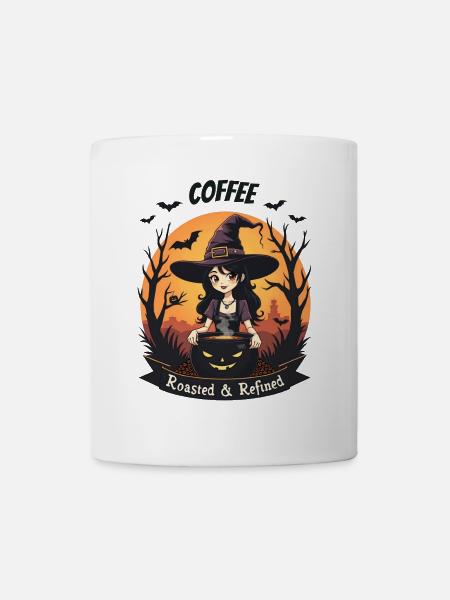 Junge Hexe braut Kaffee Halloween Sonnenaufgang - Tasse - Weiß