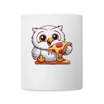 Funny Snowy Owl with Pizza Cartoon - Mug - white - Front