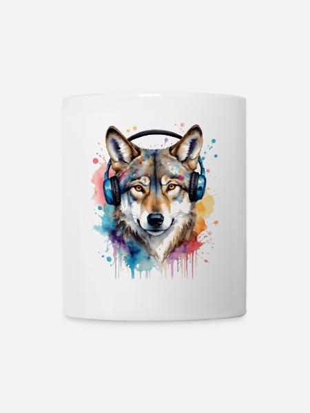 Wolf Kopfhörer Musik Bunt Tier Design Print - Tasse - Weiß