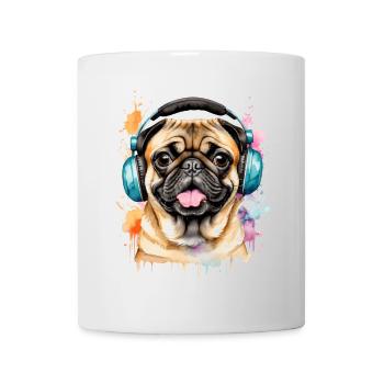 Mops Kopfhörer Hund Bunt Lustig Tier Design Print - Tasse - Weiß - Vorne