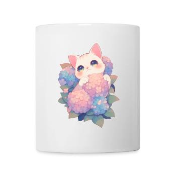 Kawaii White Cat Hydrangeas Flowers Chibi Style - Mug - white - Front