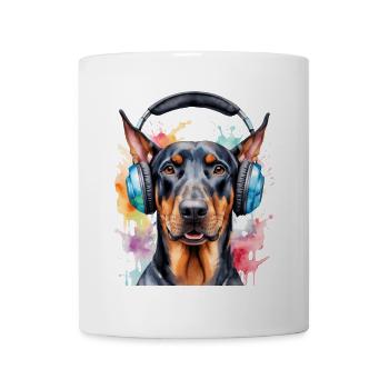 Dobermann Kopfhörer Hund Lustig Tier Design Print - Tasse - Weiß - Vorne