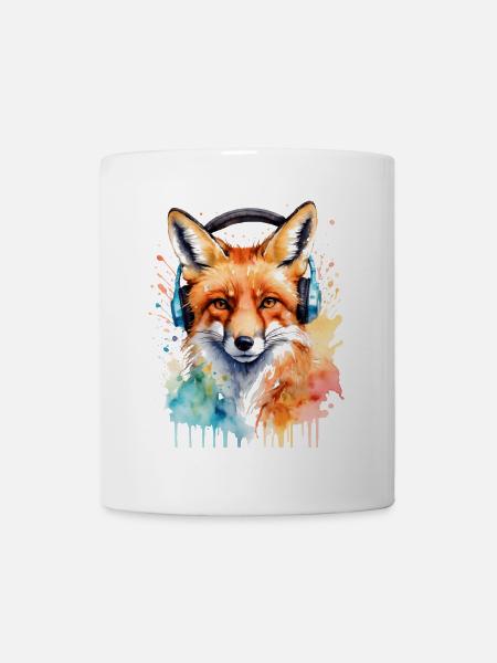 Fuchs Kopfhörer Musik Bunt Tier Design Print - Tasse - Weiß