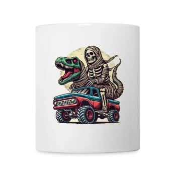 Dino with skeleton dinosaur on monster truck - Mug - white - Front