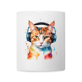 Katze Kopfhörer Bunt Lustig Tier Design Print - Tasse - Weiß - Vorne