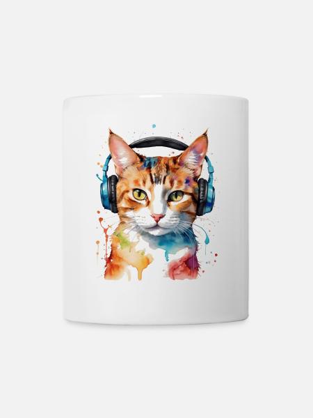 Katze Kopfhörer Bunt Lustig Tier Design Print - Tasse - Weiß