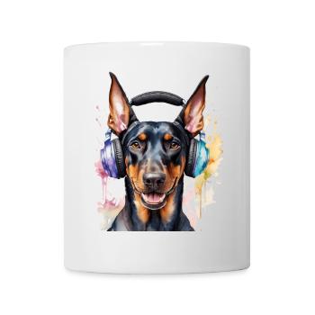 Dobermann Kopfhörer Hund Lustig Tier Design Print - Tasse - Weiß - Vorne