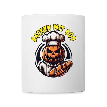 Halloween Kürbis mit Bäckermütze und Brot - Tasse - Weiß - Vorne