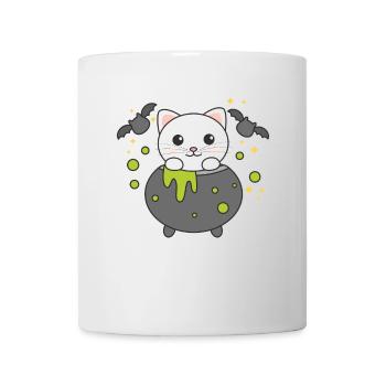 Katze Happy Halloween Hexenkessel Fledermaus - Tasse - Weiß - Vorne