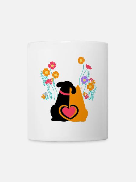 Chien Chat Coeur Animaux Amis Fleurs - Mug blanc - blanc