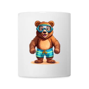 Brown bear with swimming trunks and diving goggles at the sea - Mug - white - Front