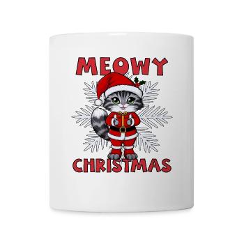 Miauige Weihnachten - süße lustige Katze mit Geschenk - Tasse - Weiß - Vorne