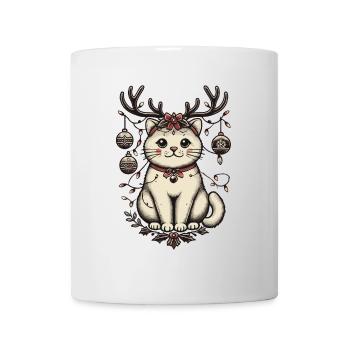 Weihnachtliche Katze Mit Geweih Und Kugeln - Tasse - Weiß - Vorne