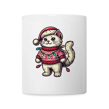 Weihnachtliche Katze Im Pullover Mit Lichterkette - Tasse - Weiß - Vorne