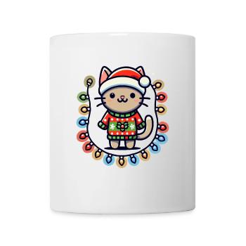 Weihnachtliche Katze Mit Lichterkette - Tasse - Weiß - Vorne