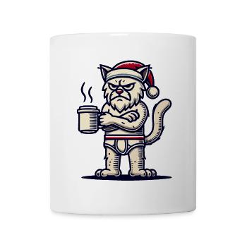 Lustige Mürrische Weihnachtskatze Mit Kaffee - Tasse - Weiß - Vorne