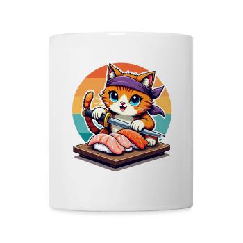 Sushi Master Cat avec Sunset tenant un couteau Katana - Mug blanc - blanc - Devant