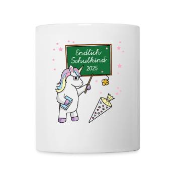 Endlich Schulkind 2025 Einschulung Schule Einhorn - Tasse - Weiß - Vorne
