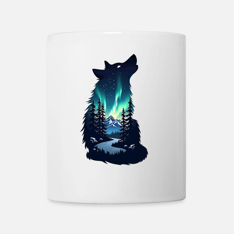 Silhouette de loup de nuit aurores boréales - Mug blanc - blanc