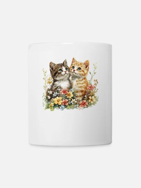 Katzenfreunde im Blütentraum mit Blumen - Tasse - Weiß