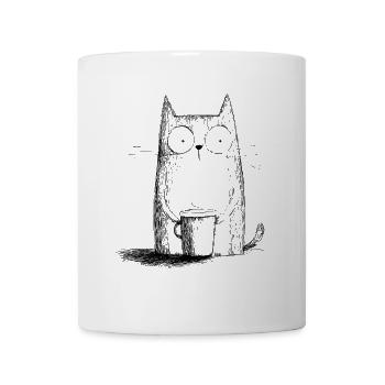 Amazed cat with cup of coffee in sketch style - Mug - white - Front
