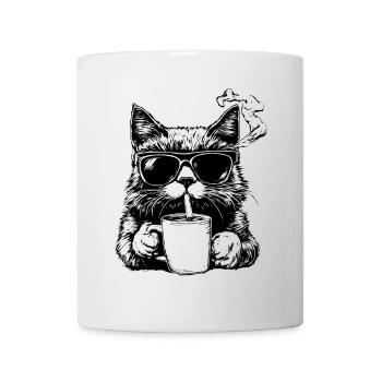 Cool: Katze mit Sonnenbrille, Zigarette und Kaffee - Tasse - Weiß - Vorne