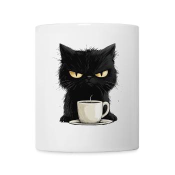 Grumpy nasty cat with morning coffee - Mug - white - Front