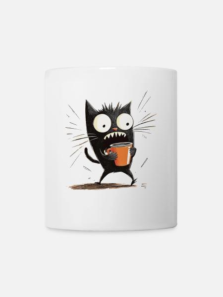 Geschockte Katze mit Kaffee - Cartoon-Stil - Tasse - Weiß