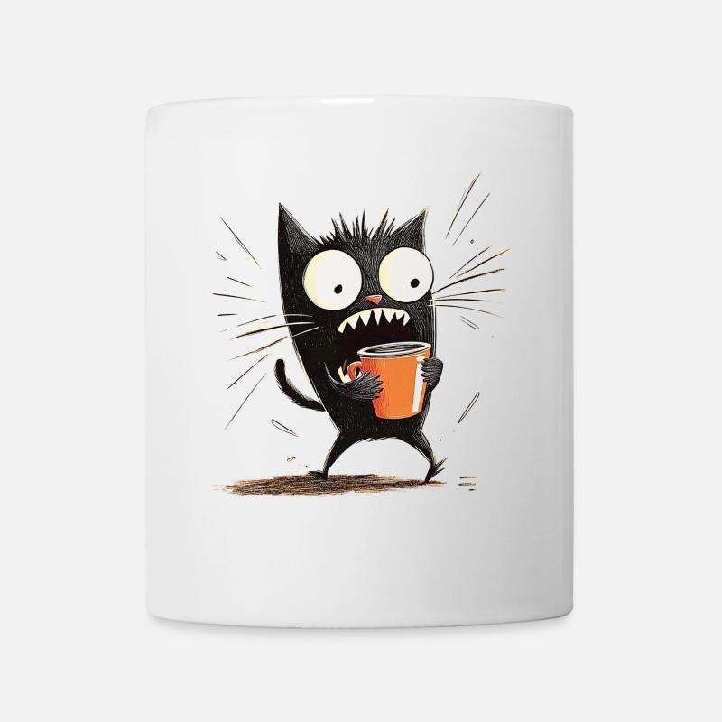 Geschockte Katze mit Kaffee - Cartoon-Stil - Tasse - Weiß