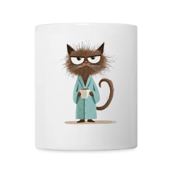 Morning grouch cat with coffee in bathrobe - Mug - white - Front