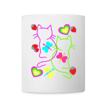 Retro Katzen Erdbeer Sommer 80er Katze Vintage - Tasse - Weiß - Vorne